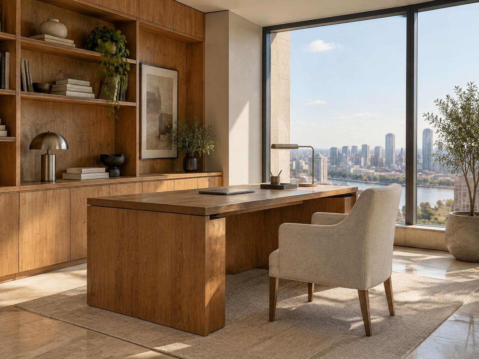 A calm private office interior with warm oak joinery and daylight over a city view